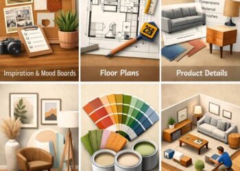 Furniture design team planning room-scene visuals with product dimensions, material samples, finish options, and interior mood references.