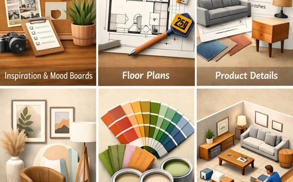 Furniture design team planning room-scene visuals with product dimensions, material samples, finish options, and interior mood references.