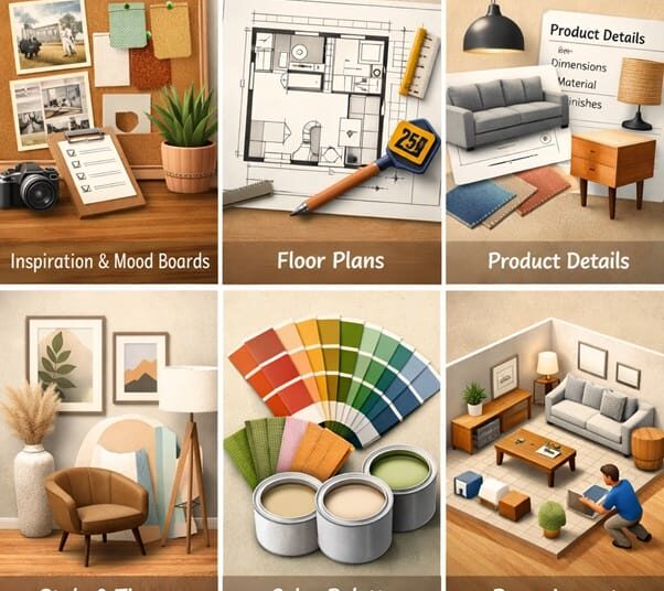 Furniture design team planning room-scene visuals with product dimensions, material samples, finish options, and interior mood references.